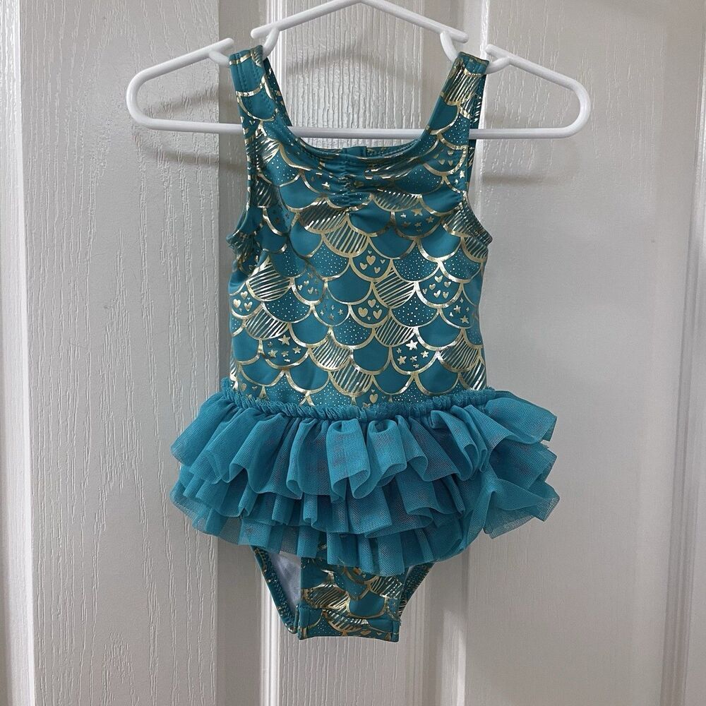 Cat & Jack Teal and Gold Mermaid Tulle Tutu One Piece Swimsuit Girls 12 Months